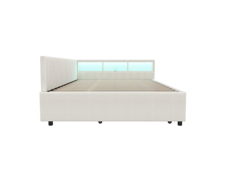  Lit de jour extensible 140x200 cm en tissu beige avec led, ports usb-c, rangement intégré et sommier à lattes  - Conforama C