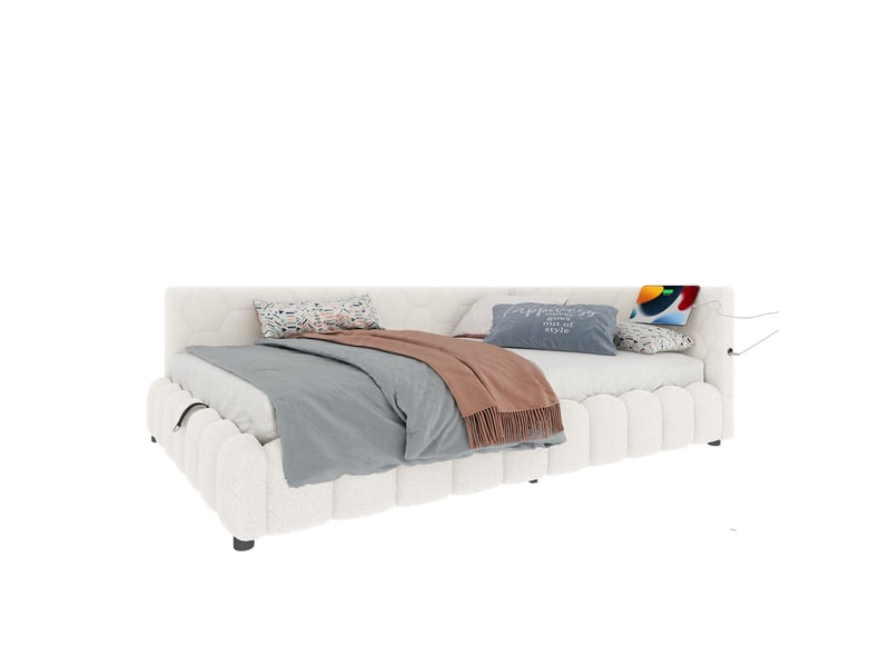  Lit banquette coffre 140x200 cm avec sommier à lattes, rangement hydraulique, bande led, ports usb et type-c, tissu effet polaire, blanc  - Conforama A