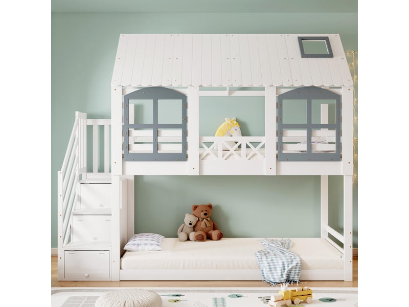 Lit superposé enfant 90x200 cm, lit cabane avec escalier de rangement, barrière de sécurité, en bois de pin massif et mdf, blanc - Conforama C