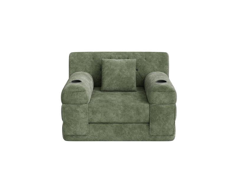 Canapé compressé convertible 1 place en velours côtelé vert avec 4 poches et 2 porte-gobelets - Conforama E
