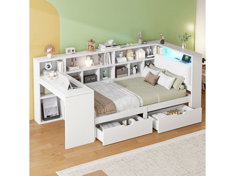  Lit plateforme en bois 90x200 cm en l blanc avec bureau, bibliothèque, tiroirs et led pour chambre.  - Conforama D
