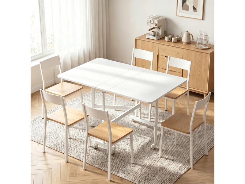  Table pliable 6 personnes - table à rabat mobile 6 roulettes - acier blanc effet bois blanc  - Conforama B