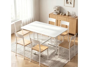 Table pliable 6 personnes - table à rabat mobile 6 roulettes - acier blanc effet bois blanc