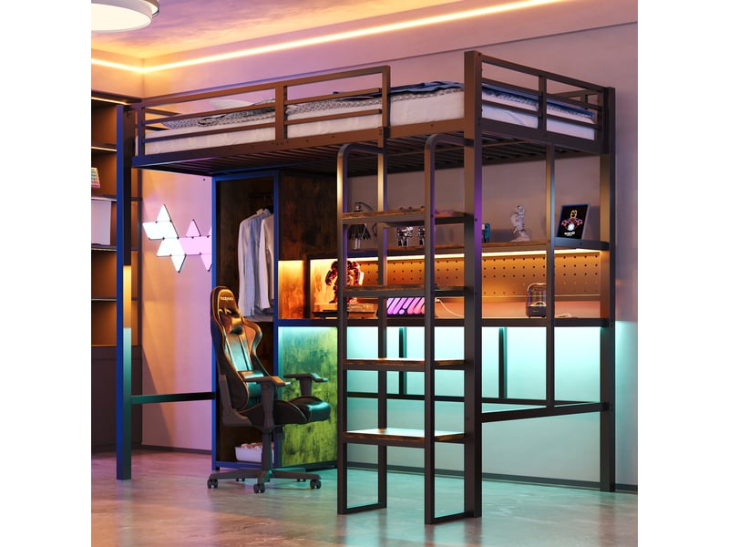  Lit mezzanine 90x200 cm avec échelle, grand bureau, panneau perforé, led, étagères et armoire - caisson - sans matelas  - Conforama E