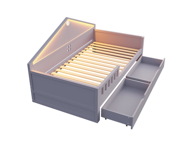  Lit enfant simple 90 x 200 cm, gain de place 2 tiroirs led robuste 150 kg, bois et mdf, gris sans matelas  - Conforama R