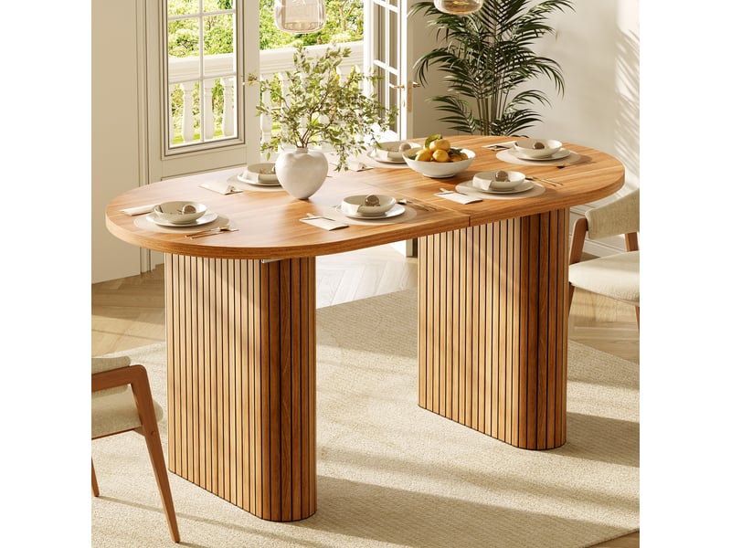 Table de salle à manger extensible 120-160x80x75,5 cm, plateau ovale effet bois à relief vertical, supporte 60 kg, mdf et métal, marron Sol Morn - Conforama E