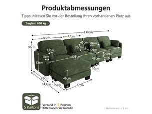Canapé d’angle modulaire 4 places en chenille verte, avec pouf assorti, coussins lombaires et d’accoudoir, salon