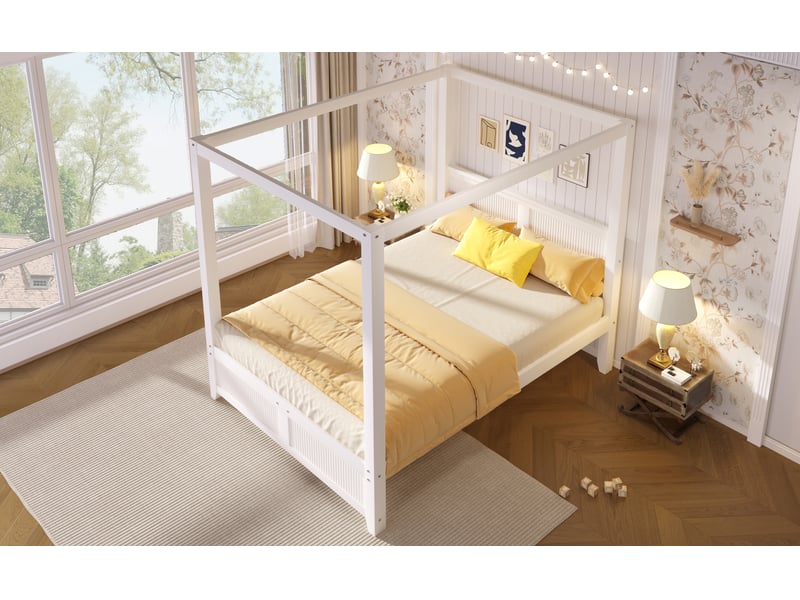 Lit cabane 2 places 140×200 cm avec cadre toit et lames verticales - sans matelas, bois blanc - Conforama E