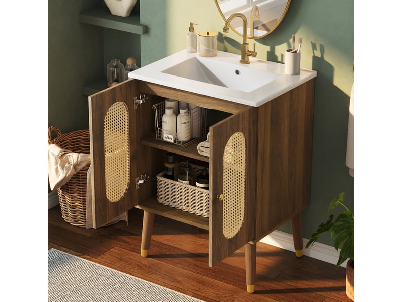  Meuble sous vasque 61x47x89 cm en mdf finition noyer avec vasque en céramique  - Conforama E