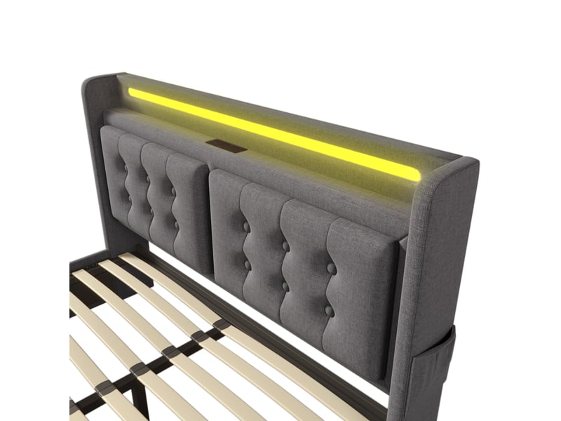  Lit coffre 180 × 200 cm 2 places avec led, prises, usb et type-c, sans matelas, en tissu gris  - Conforama E