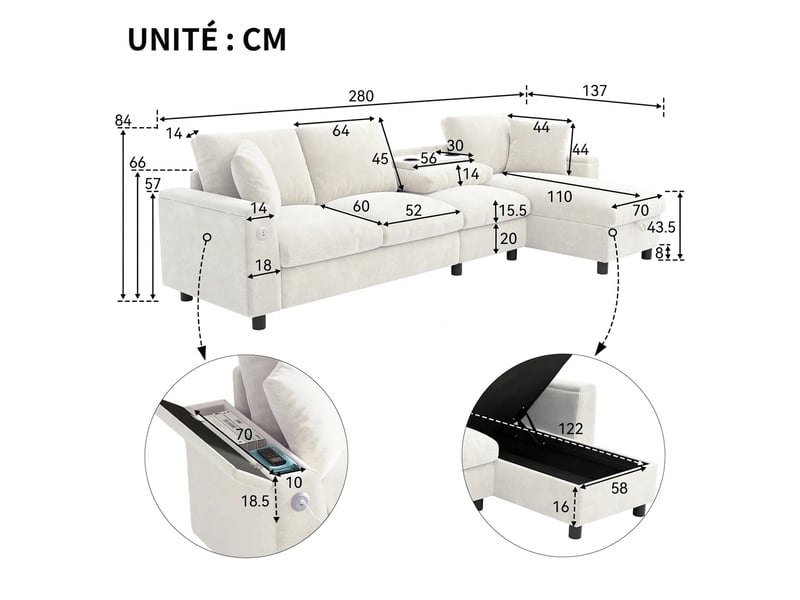  Canapé d'angle en chenille beige 4 places avec rangement - table basse rabattable et ports usbtype-c  - Conforama C