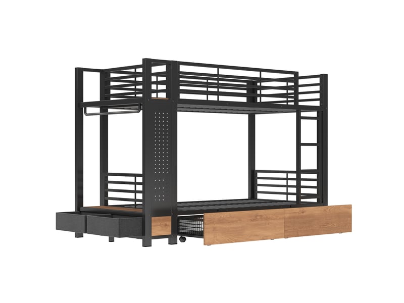  Lit superposé 90x200 cm noir en métal et mdf avec led, rangements et tringle à vêtements, sans matelas  - Conforama A