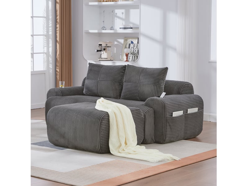  Canapé modulable 2 places 200x174x80 cm, gris foncé, tissu velours côtelé, poufs, porte-gobelet, poche latérale  - Conforama D