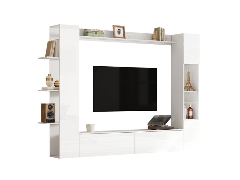 Ensemble meuble salon avec vitrine meuble tv mural blanc brillant 245 cm - rangement ouvert et fermé  - Conforama A