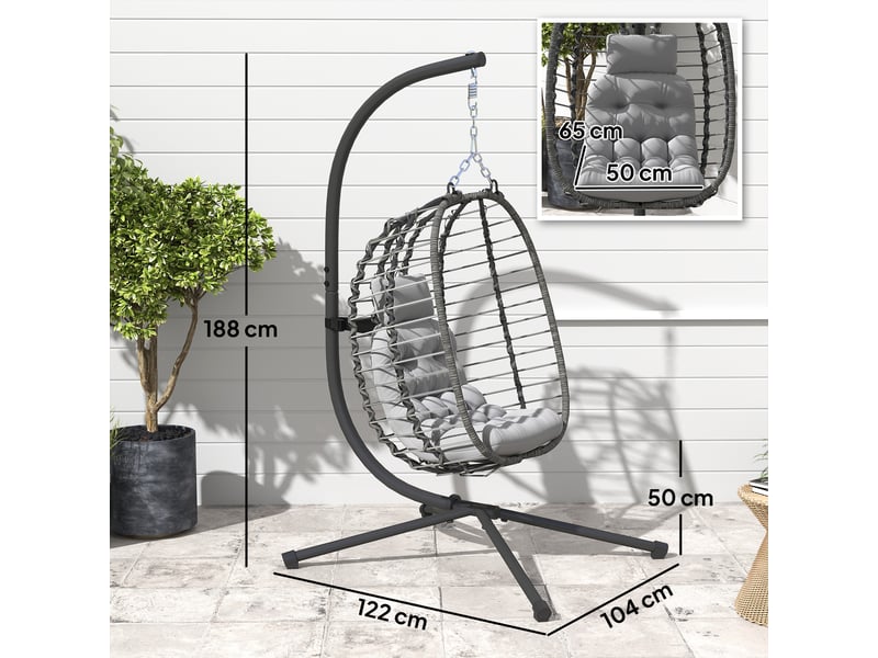 Fauteuil suspendu pliable en résine tressée avec support, coussin et oreiller hauteur réglable, gris - Conforama E