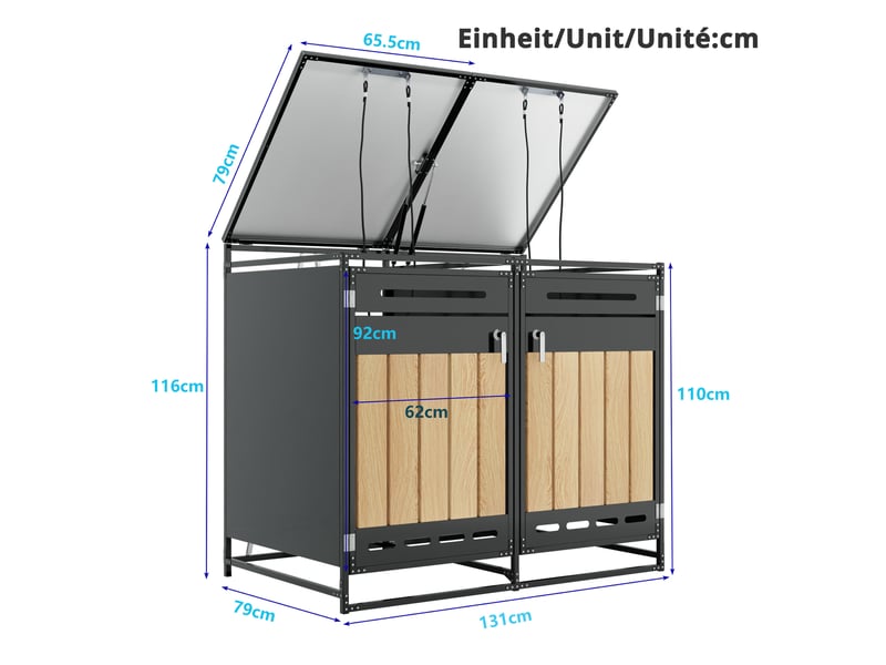  Coffre à poubelles extérieur deux compartiments - couvercle hydraulique, revêtement vertical imitation bois, ventilation perforée, armoire en fer verrouillable  - Conforama D