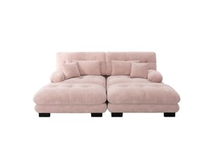 Canapé d’angle en chenille rose, canapé modulable avec deux ottomans assortis, coussins et larges accoudoirs arrondis