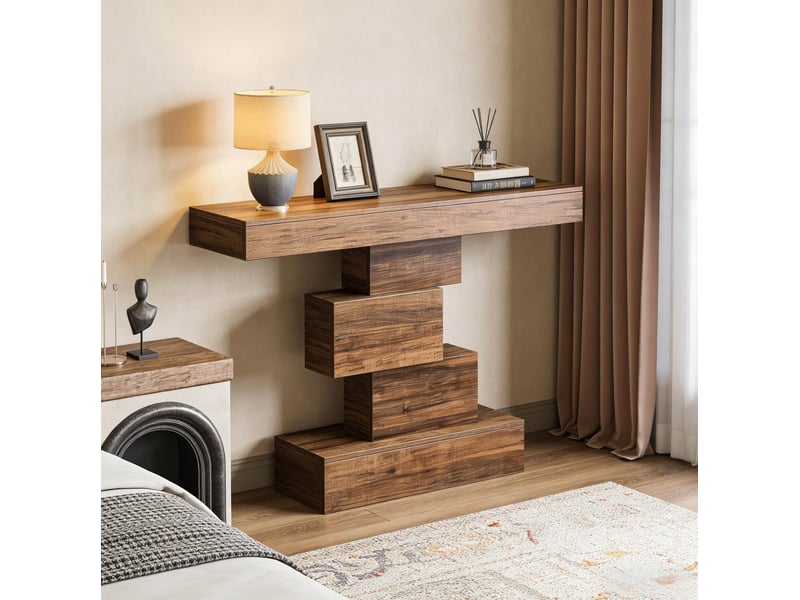 Console géométrique moderne avec base à étages pour entrée salon et chambre en bois brun foncé 108 × 30 × 80 cm  - Conforama B