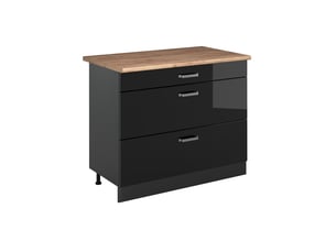 Vicco meuble cuisine, noir haute brillanceanthracite, 100cm plan de travail chêne doré