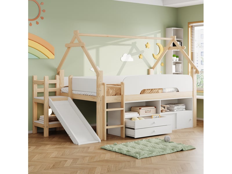 Lit mezzanine enfant 90 × 200 cm 1 place avec toboggan, rangements et barrières, sans matelas, naturel et blanc - Conforama C