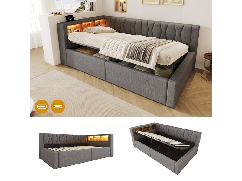  Lit de jour, canapé-lit, 90 x 200 cm, sans matelas, suspension hydraulique, avec bande led à intensité variable, étagère pratique et port usb, gris  - Conforama B