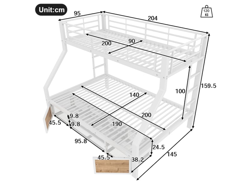  Lit superposé enfant 90 x 200 et 140 x 200 cm avec meuble à chaussures, blanc  - Conforama C