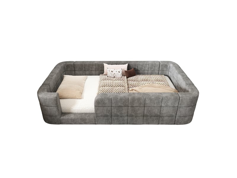  Lit enfant au sol 90x190 cm, rembourré en chenille, avec entourage rembourré et accès bas, avec sommier à lattes inclus, matelas non inclus, gris Luxe haut de gamme - Conforama A