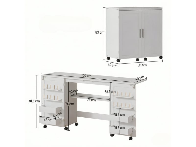  Table de couture pliante - 160x40x81,5cm - bureau meuble de couture à roulettes avec 4 bacs &amp; 20 porte-bobines - blanc  - Conforama E