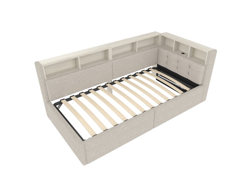  Lit 90x200 cm coffre 1 place avec tête rangement et led, lin, beige, sans matelas  - Conforama R