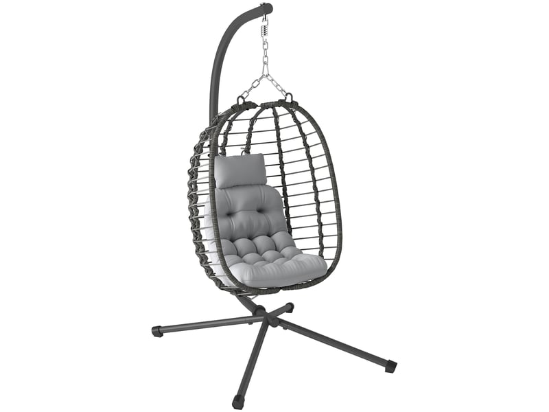 Fauteuil suspendu pliable en résine tressée avec support, coussin et oreiller hauteur réglable, gris - Conforama B