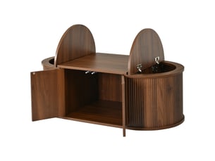 Table basse ovale avec rangement, 100x50x35 cm, couleur noyer, 4 portes magnétiques, bords arrondis