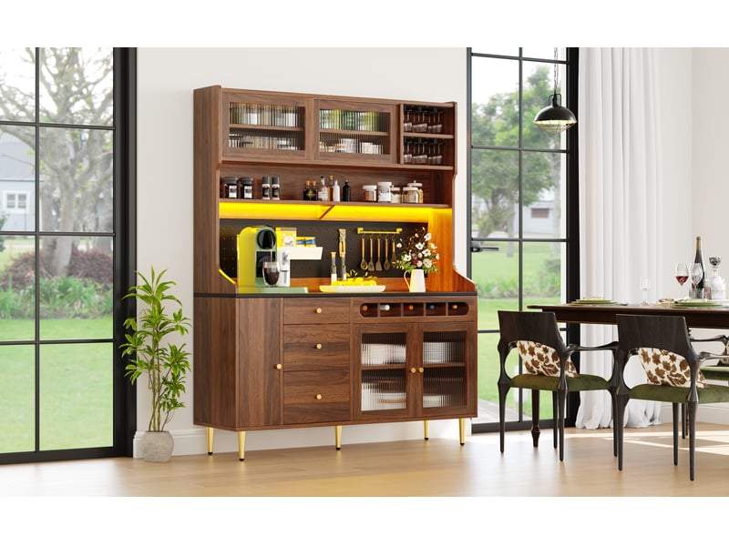  Armoires hautes 145×39×171cm pour le salon, tiroir avec casier à bouteilles, buffet salle a manger avec éclairage led, couleur noyer  - Conforama E
