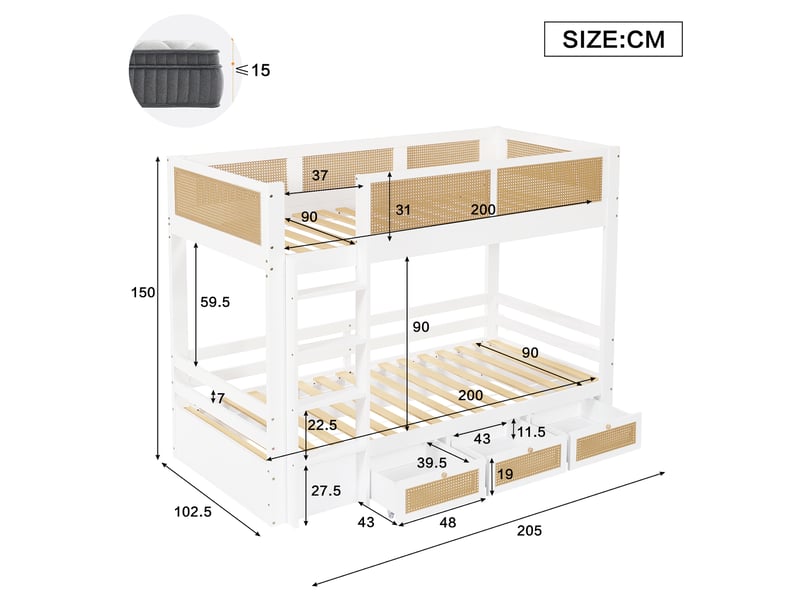  Lit superposé enfant 90x200 cm avec rangement, 3 tiroirs coulissants, garde-corps en rotin tressé, design naturel Blanc et bois Fay Lum - Conforama C