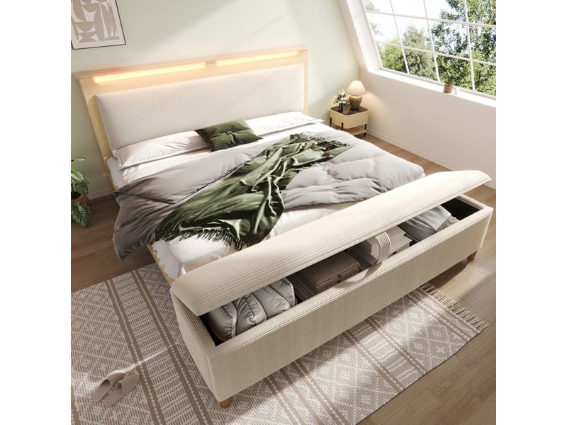 Lit double en bois avec rangement - dimensions 160x200 cm - tête de lit avec led - rangement sous le lit - Conforama D