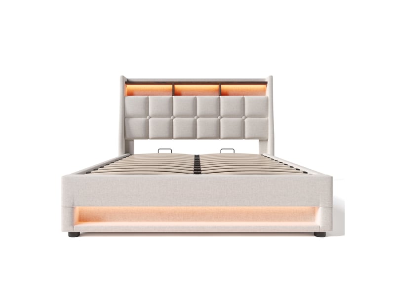  Lit coffre tcqpz rembourré 140 x 200 cm avec led usb sommier à lattes beige clair  - Conforama A