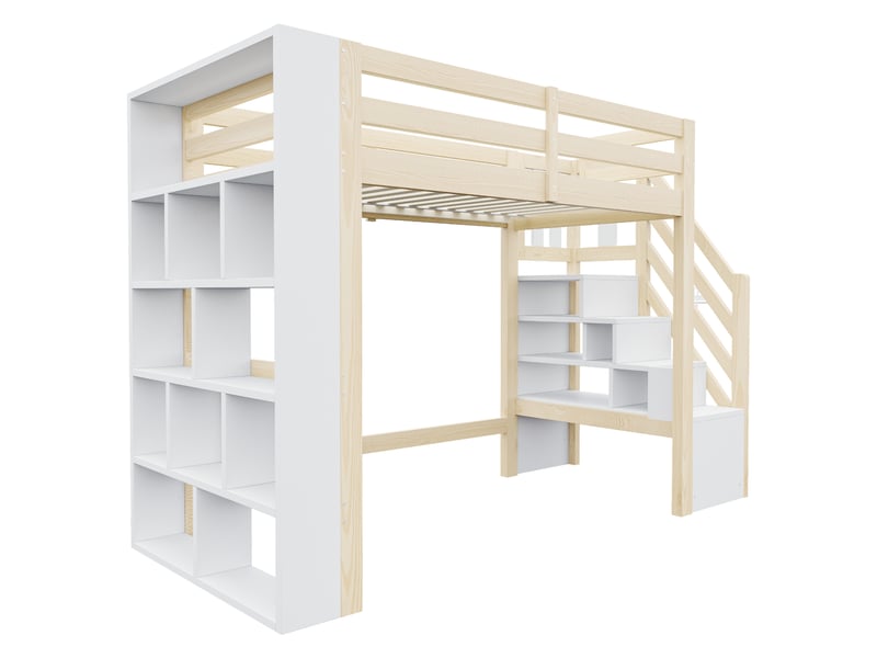  Lit mezzanine en bois 90 × 200 cm, équipé d'étagères, d'une barrière de sécurité, d'une échelle de rangement et d'un éclairage led, avec sommier à lattes, coloris bois  - Conforama D