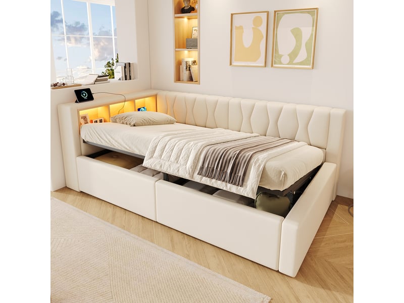  Lit superposé 90x200 cm, lit enfant, couchage d'appoint, rangement hydraulique, étagères, led, port usb, lin beige  - Conforama E