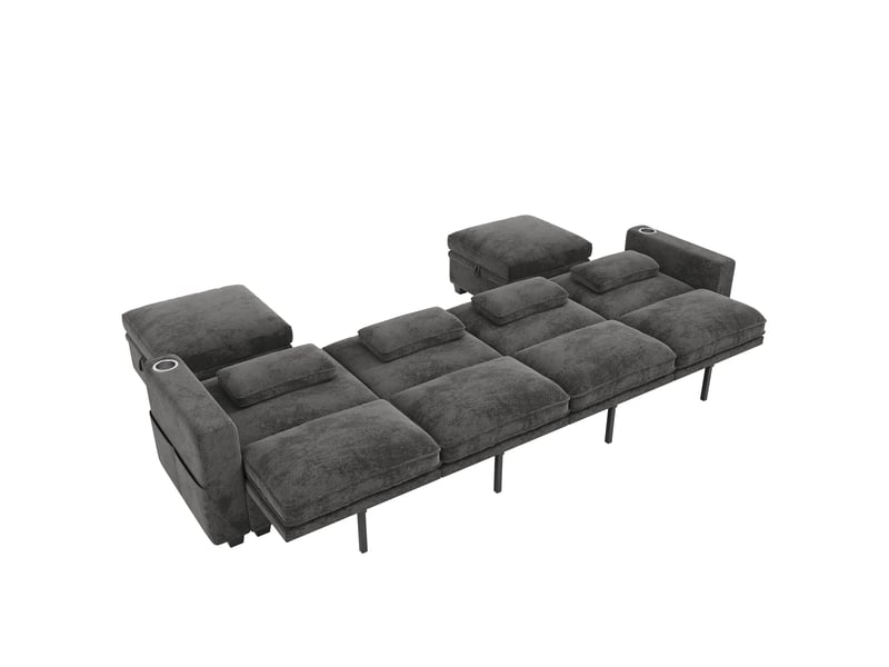 Canapé d’angle modulable convertible 6 places en chenille grise, coffres, 2 poufs, usb-c et dossier réglable  - Conforama A