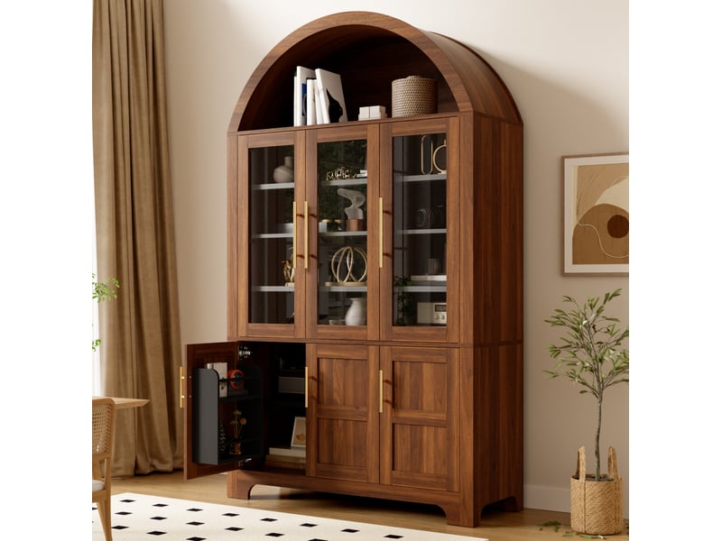  Buffet haut de rangement moderne 110x40x185 cm, niche ouverte en arche, 3 portes vitrées et 3 portes, en mdf, noyer  - Conforama E