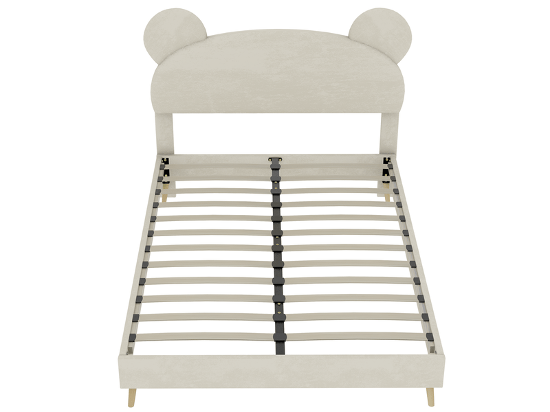  Lit enfant 90x200 cm beige rembourré, tête fantaisie à oreilles d’ours, cadre bas sans coffre ni vérins, sans matelas  - Conforama D
