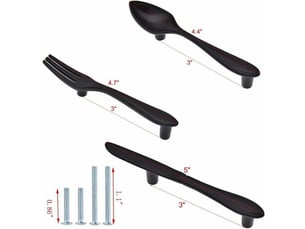 Lot de 3 poignées d'armoire en forme de cuillère à couteau en forme de fourchette poignées de porte trou central 7,6 cm noir mat