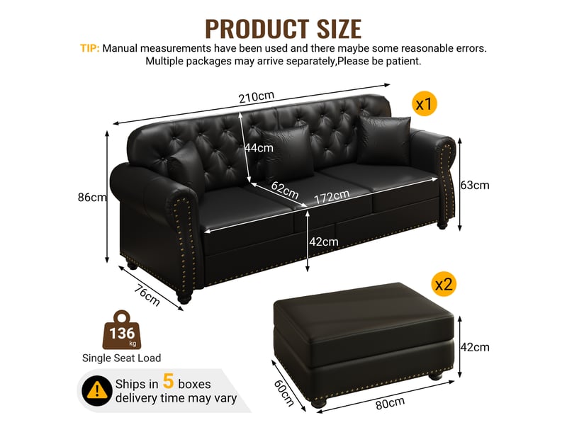  Canapé chesterfield 3 places + 2 poufs en simili cuir noir, 210 cm Fay Lum - Conforama C