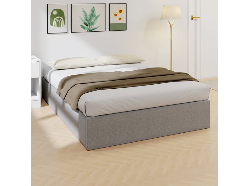  Lit coffre 140 x 190 cm, cadre de lit double rembourré, sommier à lattes en bois, rangement caché, sans bruit, gris  - Conforama A