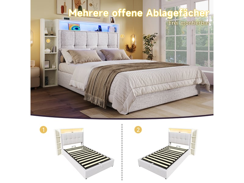  Lit rembourré 90x200 cm sans matelas, lin et mdf, led, usb type-c, rangements, beige pour chambre  - Conforama E