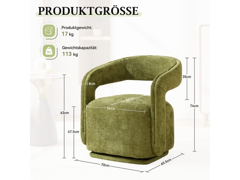  Fauteuil pivotant 360° barrel chair avec dossier ergonomique - lpospi - chenille rembourrée, bois vert  - Conforama D