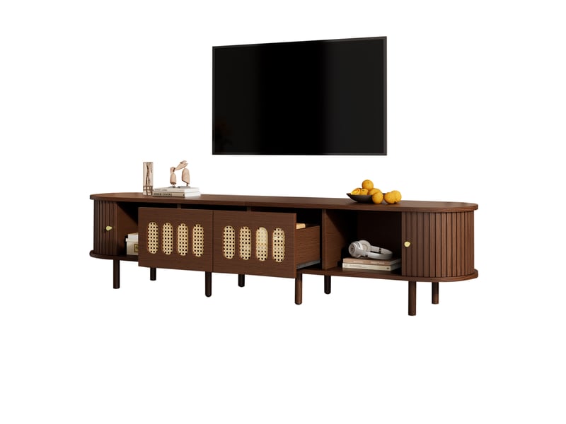  Meuble tv 180 cm noyer et rotin - 2 tiroirs portes coulissantes mdf - pour tv 80 pouces  - Conforama A