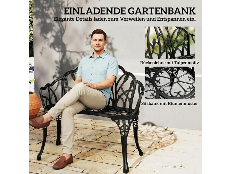  Banc de jardin 2 places en aluminium noir à dossier tulipe, résistant aux intempéries, pour terrasse et balcon  - Conforama D
