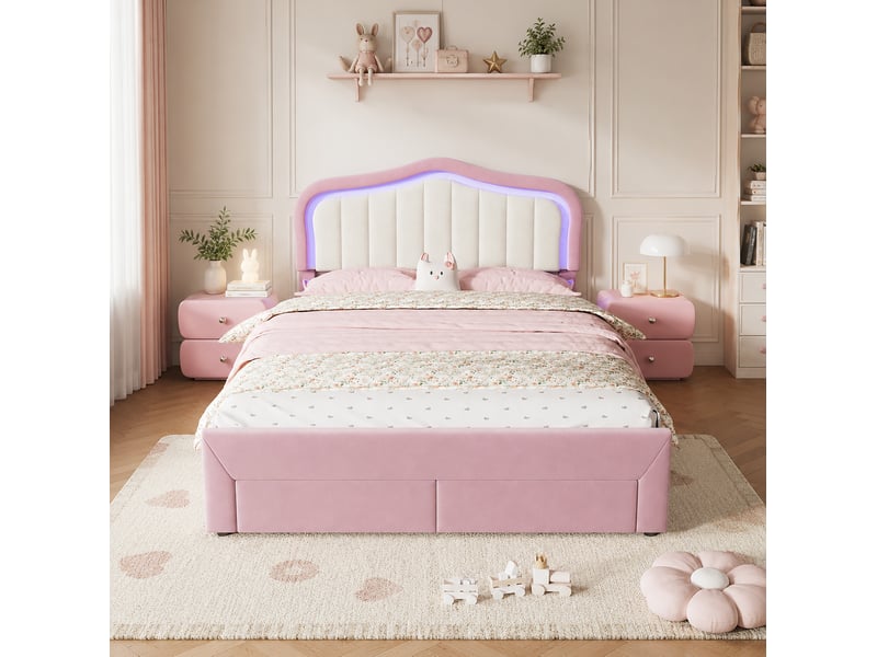  Lit enfant 140x200 cm, lit double avec 2 tiroirs et led contrôlée par application couleur rose sans matelas, moderne  - Conforama D