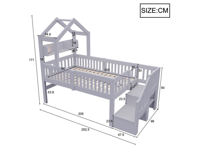  Lit cabane, coloris gris, matière bois massif et mdf, couchage 90x200 cm, dimensions : 252.5 x 96 x 171 cm  - Conforama C