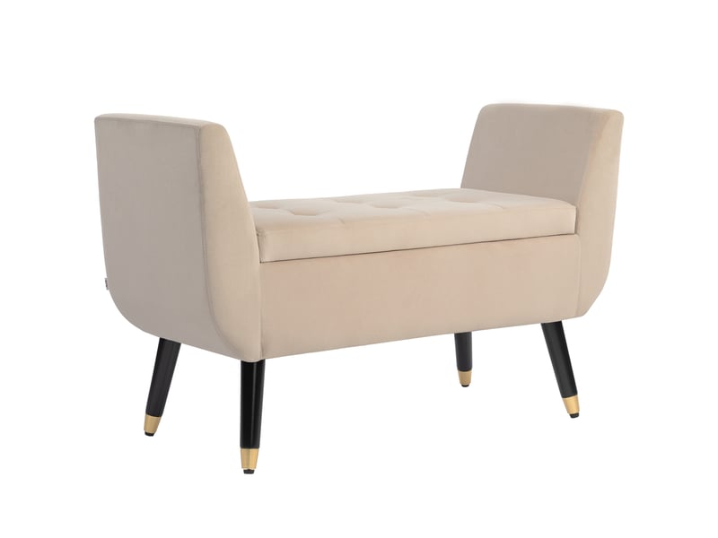  Banc rembourré beige avec accoudoirs et rangement intégré en polyester aspect velours et pieds en bois d'hévéa mesurant 107 x 42 x 65 cm  - Conforama A